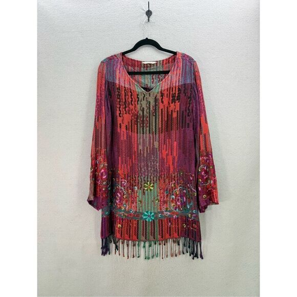 Soft Surroundings Womens Multicolor Tapestry Embroidered Fringe Tunic Top Medium - Picture 1 of 9